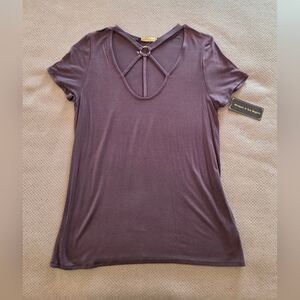 New Rags II Riches Women's medium Brown shirt gold Ring Cutout-Neck short sleeve